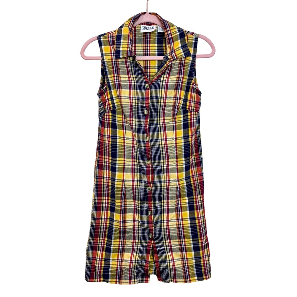Vintage Access Plaid Sleeveless Dress Button Front Yellow Red Blue XS/S‎